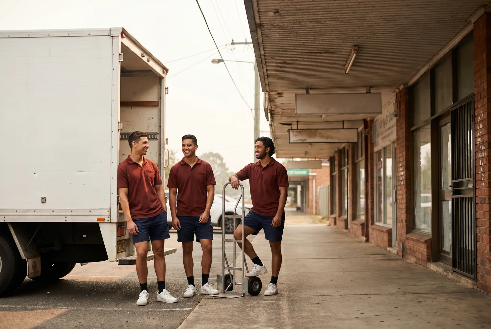 Three movers standing at the open tailgate of their truck under a shop-strip awning