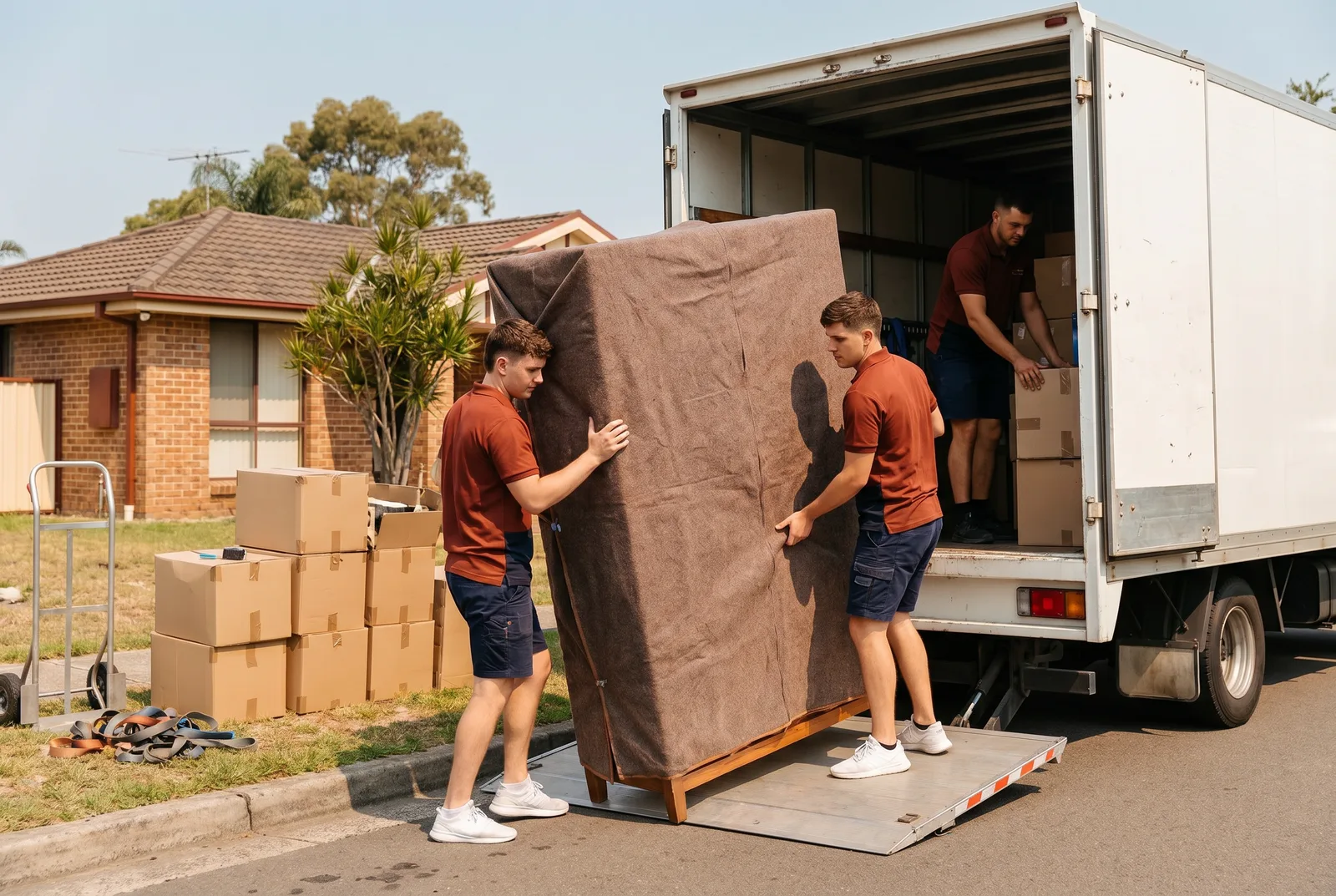Movers loading a blanket-wrapped wardrobe onto a truck outside a brick house