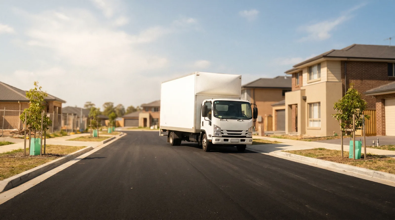 A plain white removals truck arriving in a new estate street with young trees and new builds