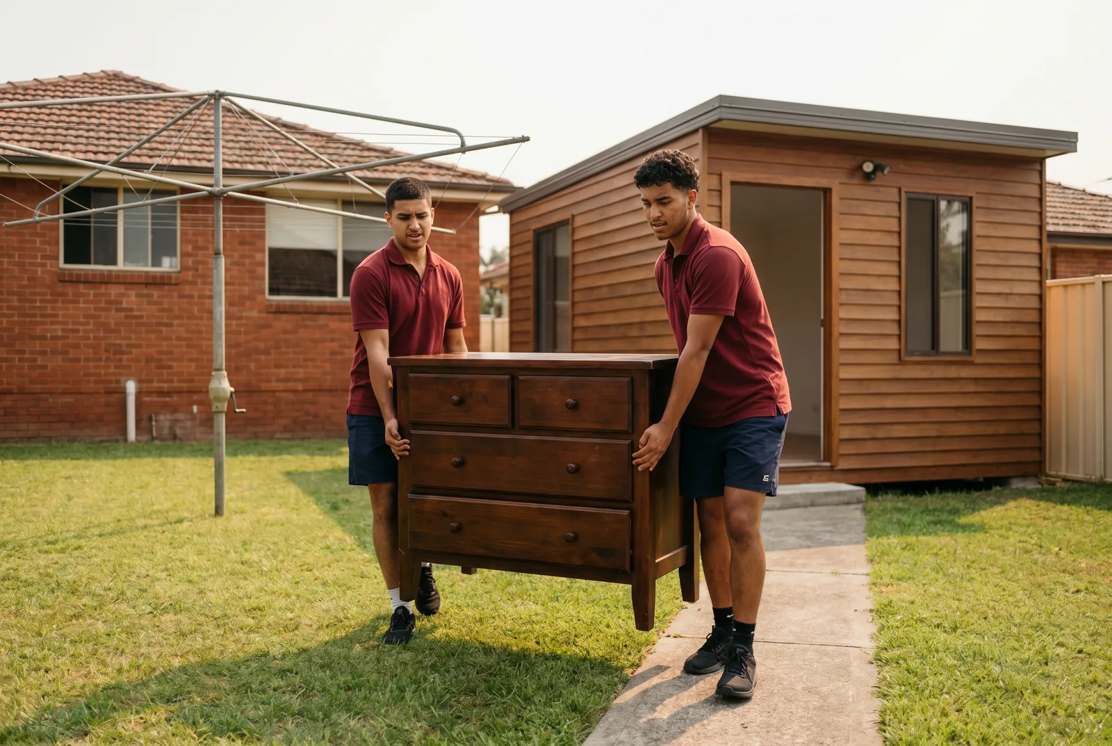 Two movers carrying a timber chest of drawers across a backyard toward a granny flat
