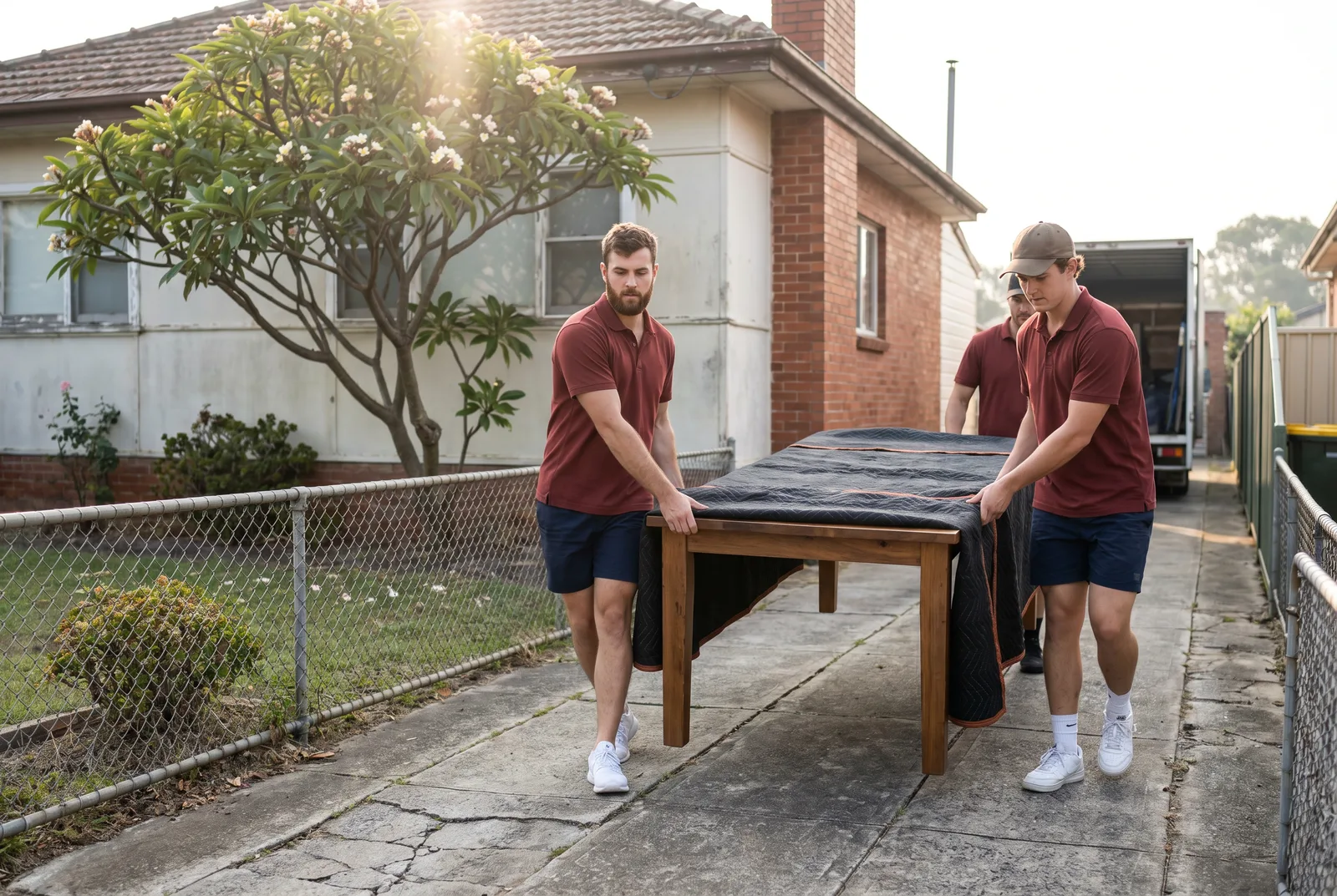Two movers carrying a solid timber dining table down a narrow strip driveway beside a post-war house
