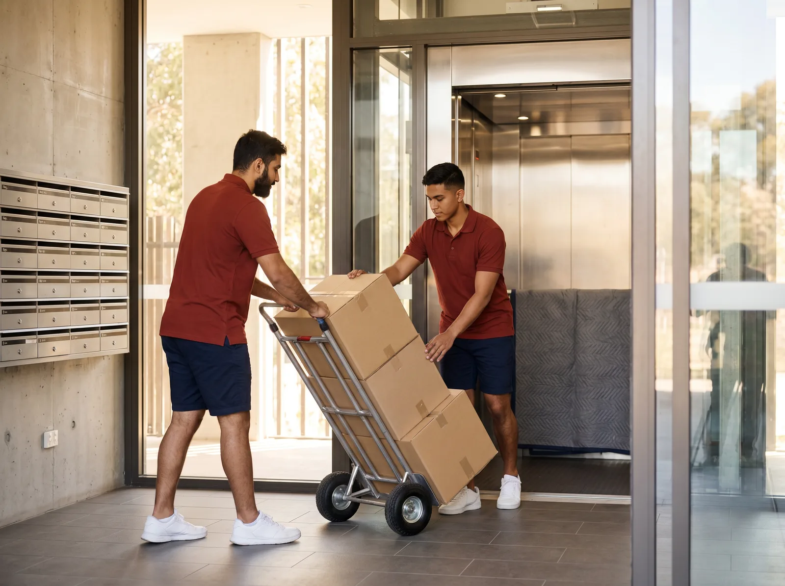 Two movers wheeling a trolley of boxes through an apartment lobby with a protected lift