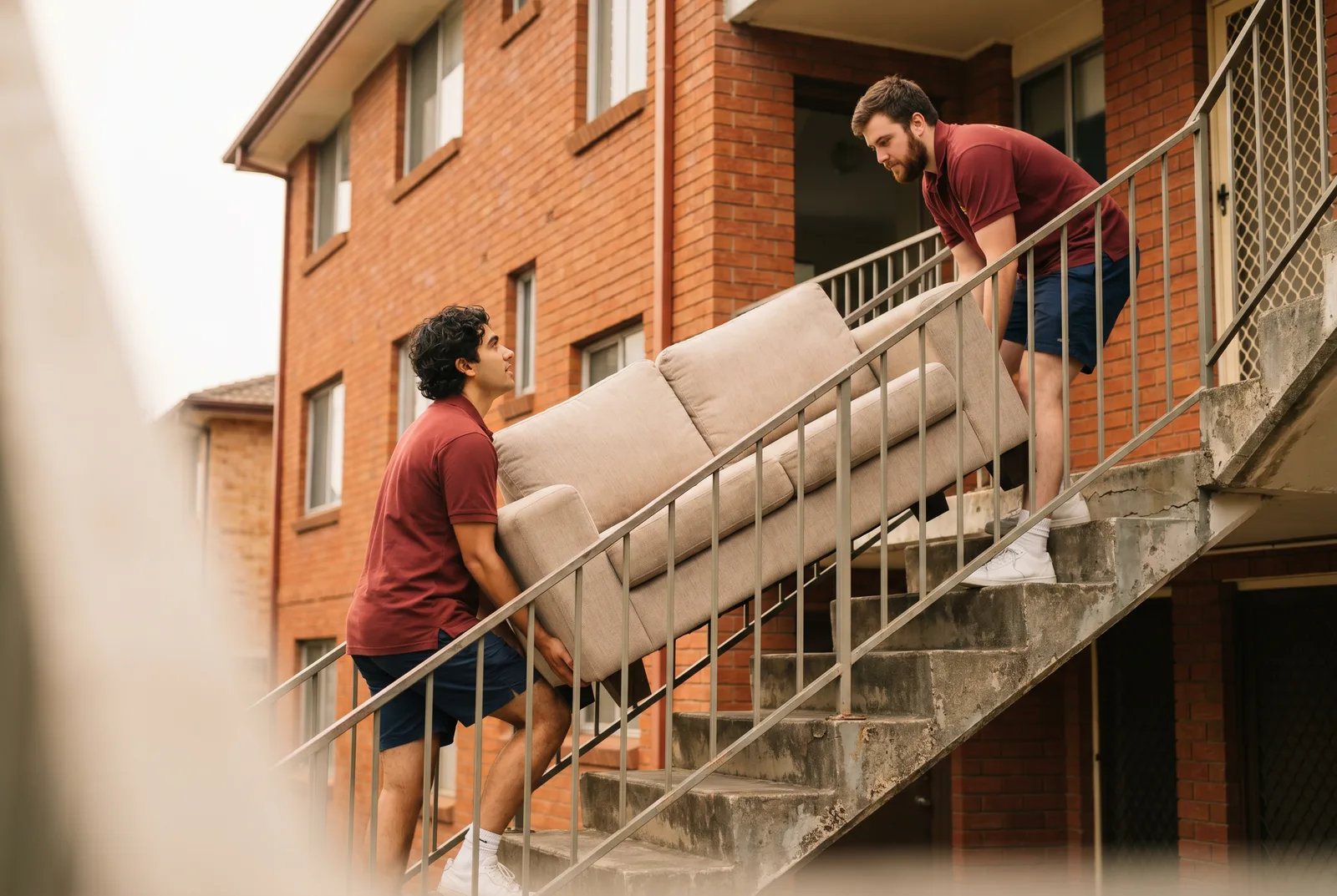 Two movers carrying a sofa up the external stairs of a red-brick walk-up
